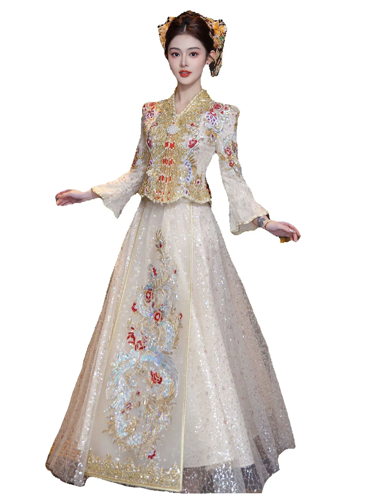 Classic Oriental Bride Garment Beige Chinese Bridal Gown Xiuhe Wedding Attire Summer Party Cheongsam Dress in OrientTown CT072