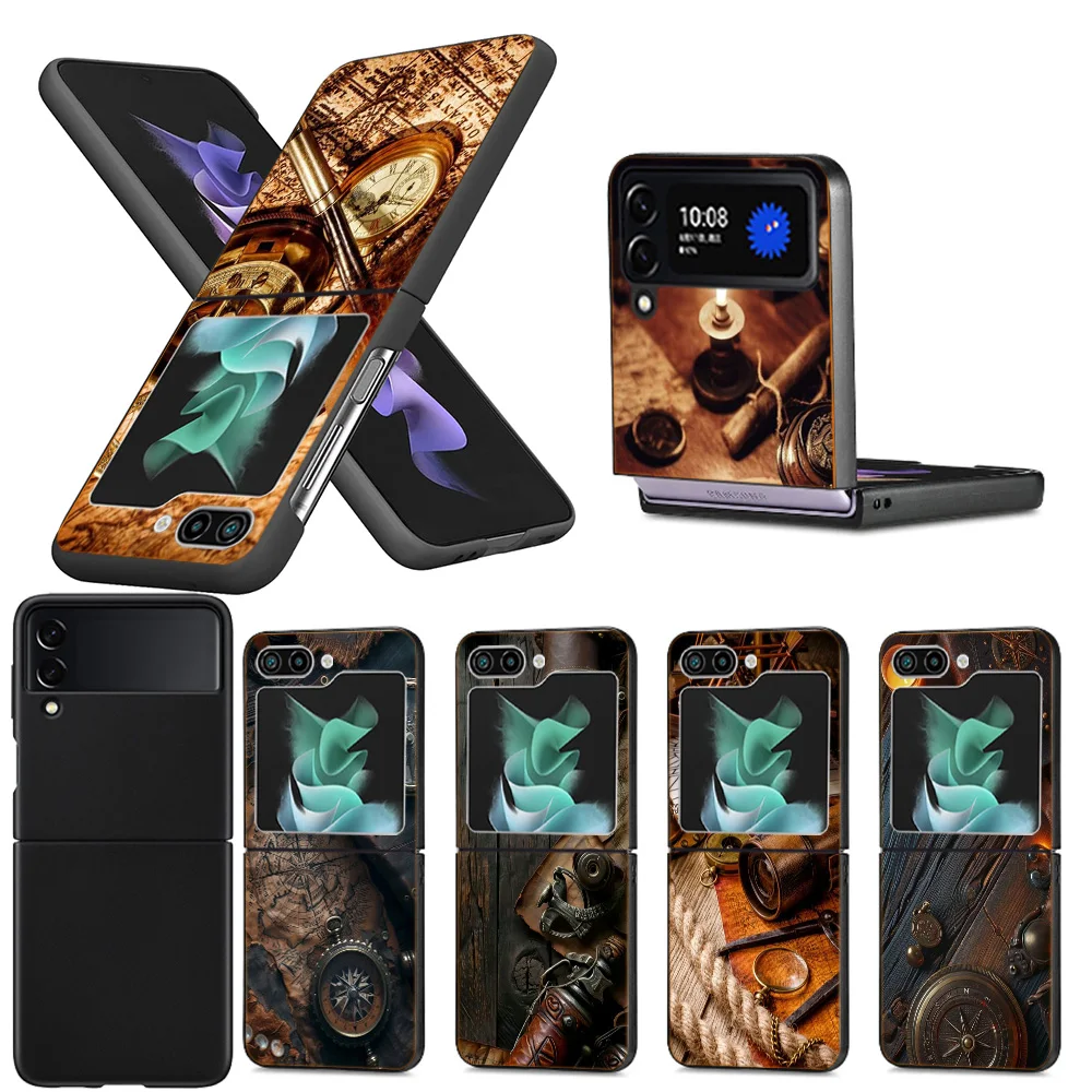 Ancient Maps Retro Compasses And Telescopes Clear Phone Case For Samsung Z Flip 5 4 3 Galaxy Z Flip 6 5G Shockproof Hard Cover T