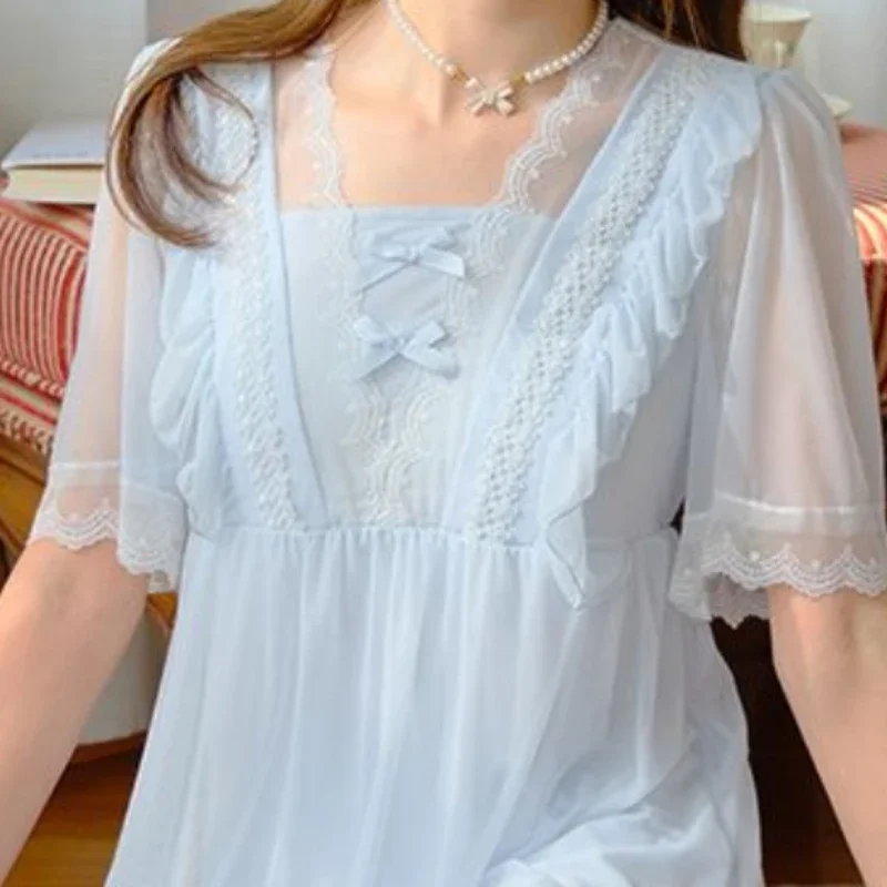 Summer Women Mesh Long Night Dress Fairy Modal Square Collar Nightdress Sweet Nightgown Romantic Princess Sleepwear Nightwear