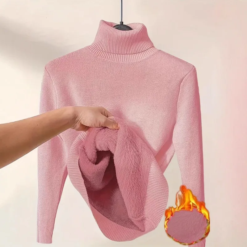 المرأة أنيقة رشاقته المخملية اصطف الدافئة بلون بلوفر مغزول سليم القمم جيرسي تريكو البلوز الياقة المدورة الشتاء سترة #2