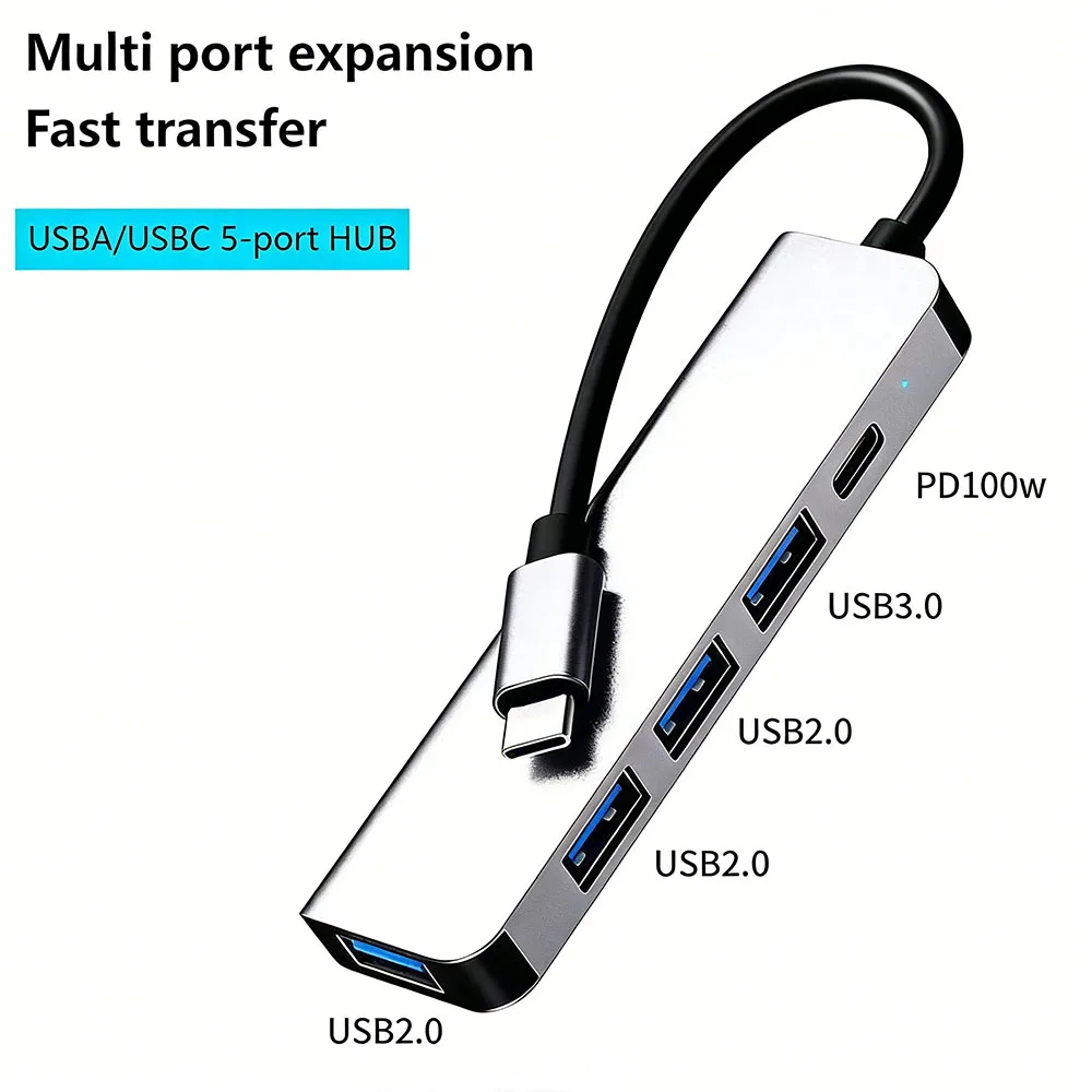 

Многофункциональный USB-C адаптер 5-в-1 с PD 100W, USB 3.0 5 Гбит/с, 3 портами USB 2.0, портативный хаб Type-C для устройств MacBook, iPad, Samsung, Huawei