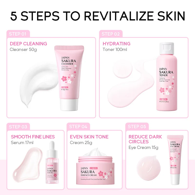 Korean Sakura Skincare Set Hydration Moisturize Cleanse Pores Sunscreen Protection Cosmetic Beauty