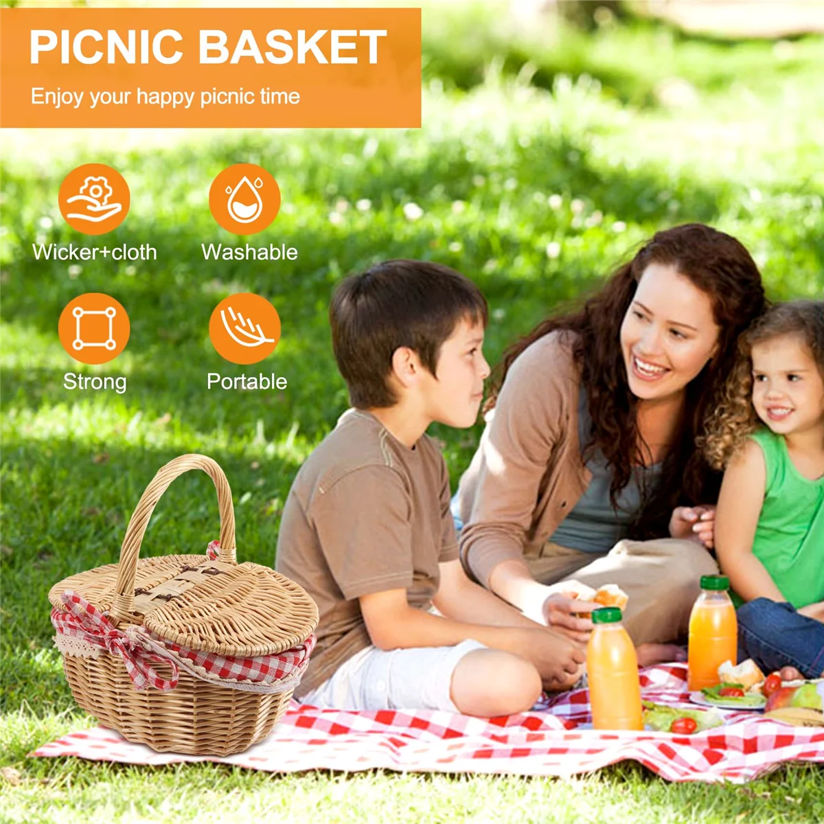 Country Style Wicker Picnic Basket, Cabaz com Tampa e Alça, Forros para Piqueniques e Churrasco