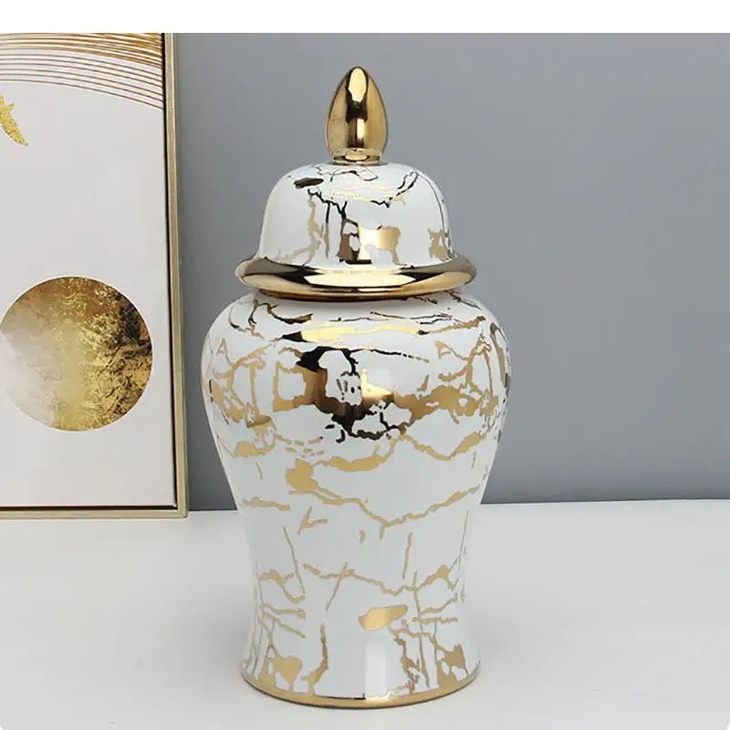 Gold Plated Marble Texture Ceramic Storage Jars Ginger Jar Desk Decoration Flower Arrangement Jewelry Box Cosmetic Containers