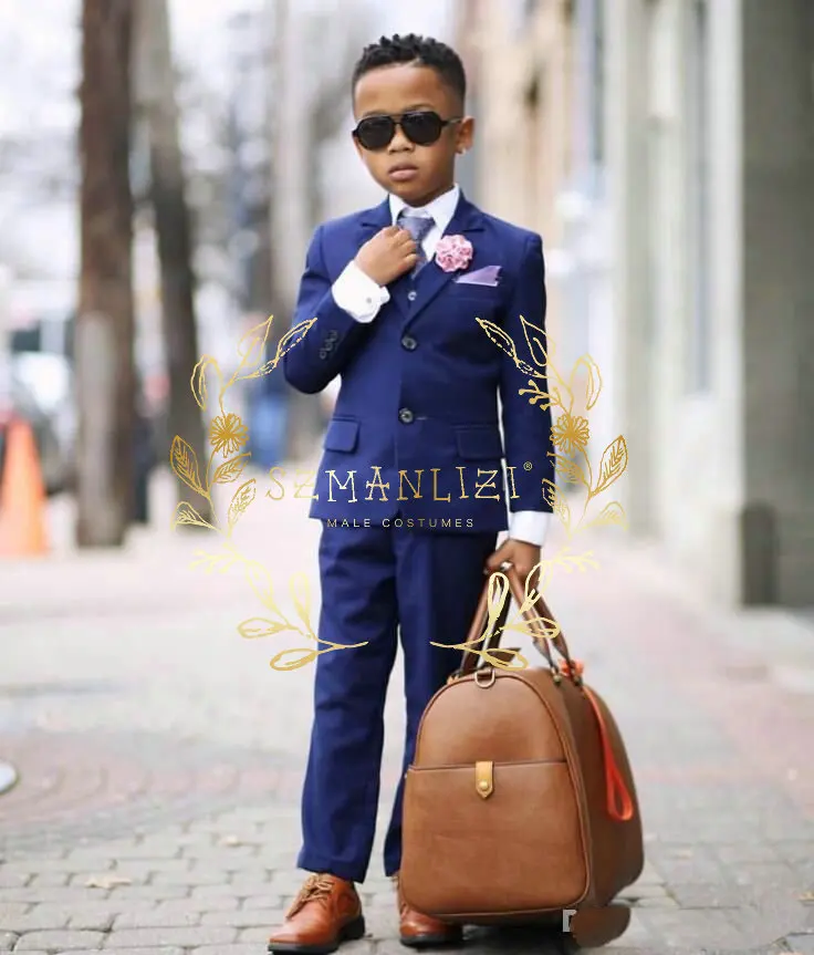 Navy Blue Flower Boys Formal Wedding Suit Set Children Party Host Costume Little Kids Blazer Vest Pants Clothing Sets 3Pieces