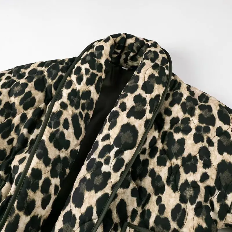 Plus Size Women Clothing Leopard Print Wool Coat Winter Warm ＆ Lightweight Short Jacket With Cotton Lining Long Sleeve Cardigan