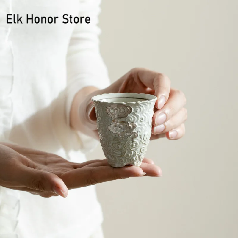 65ml Handamde Carved Flower Teacup Japanese Powder Yin White Master Cup Drawing Silver Personal Coffee Mug Kung Fu Teaset Craft