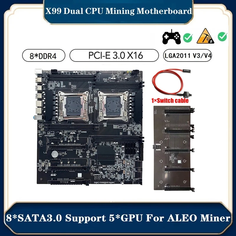 

X99 Mining Motherboard +Switch Cable LGA2011 V3/V4 8XDDR4 RAM Slot PCIE 16X 8XSATA3.0 Support 5 GPU Miner