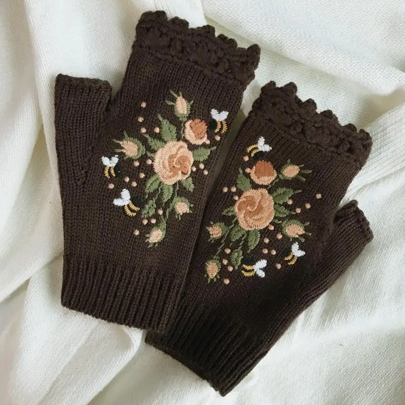 Bienen-Stickerei, niedliche Fingerlose Handschuhe, Vintage, elastische, gestrickte Halbfingerhandschuhe für Winter, Lesen, Schreiben, Studenten – Detail 10