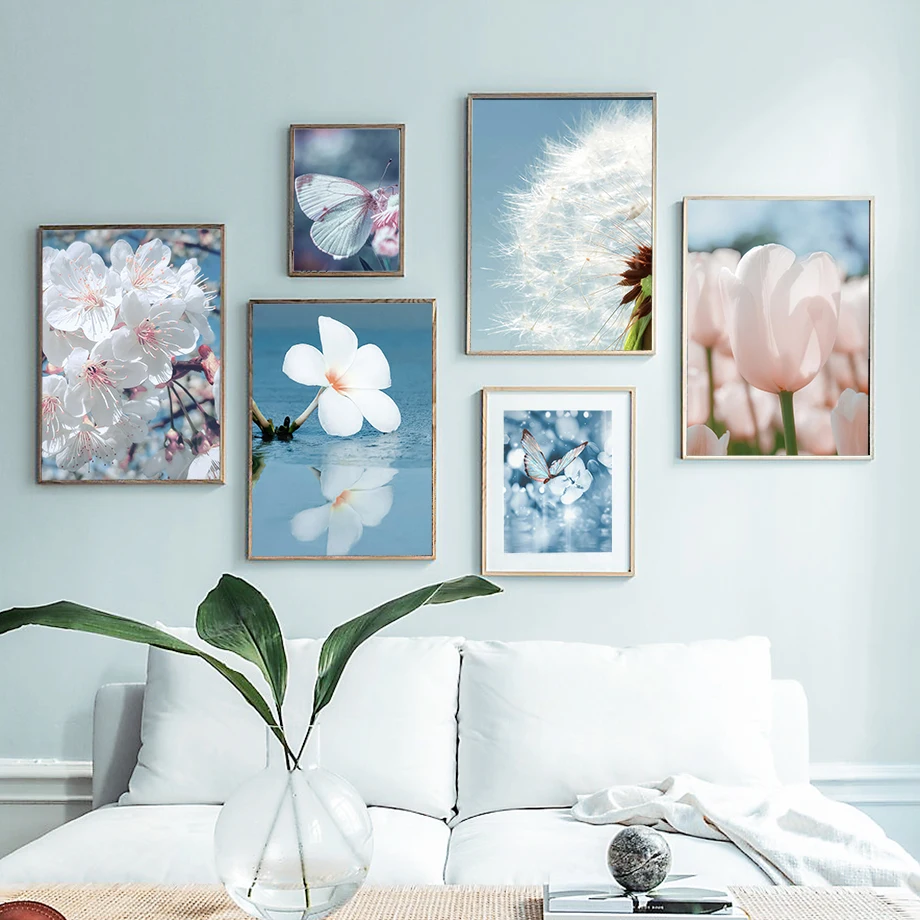 

Blue Tint Dandelion Lotus Tulip Butterfly Photography Painting Wall Art Canvas Painting Nordic Poster Living Room Decor