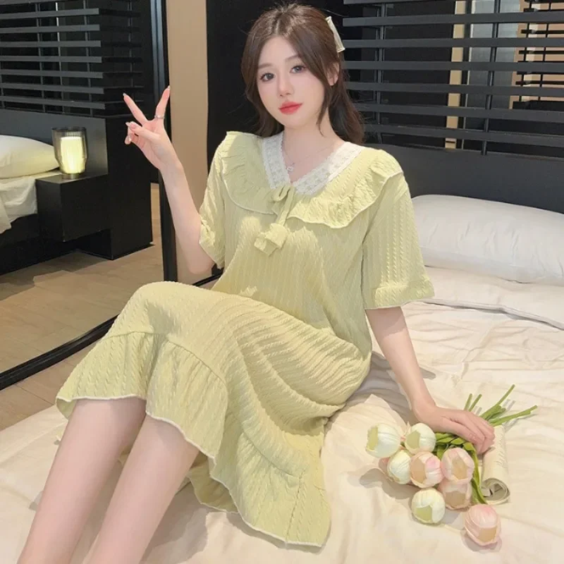 5XL Plus Size Short Sleeve Nightgown Women Japanese Ins Style Pajamas Cotton Homewear Summer Solid Loose Home Dress Sleepwear