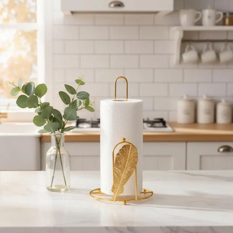 #@Retro Iron Tree Paper Towel Gold Free Standing Roll Paper Holder Towel One-handed Tear Decorative Tissue Stand Kitchen