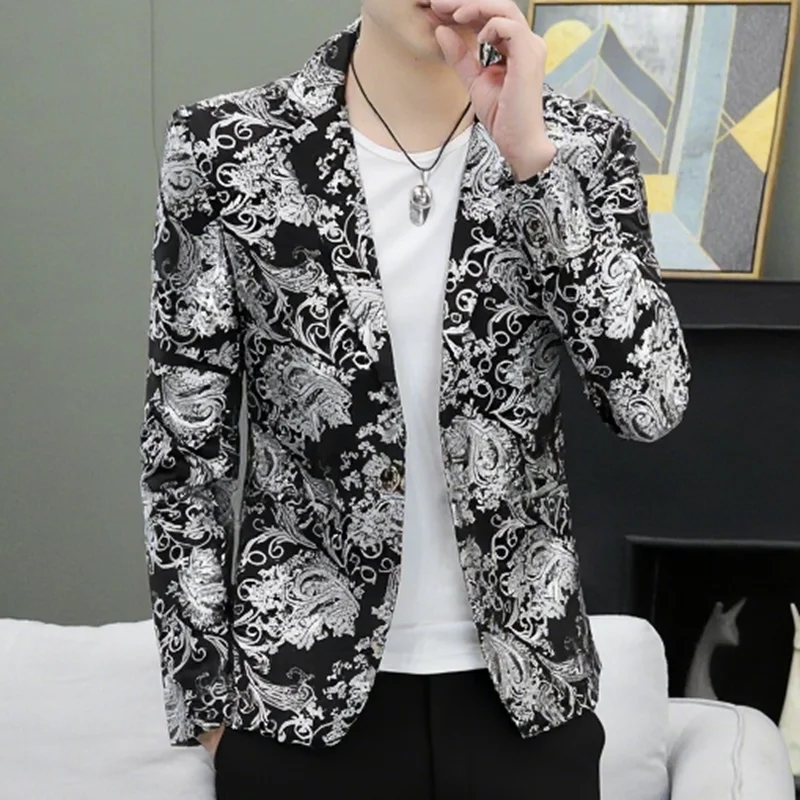 

Faionable Floral Embroidery Slim Fit Men's Casual Suit Jaet Young Adult Upper Apparel Trendy Urban Sle Long Sve Coat