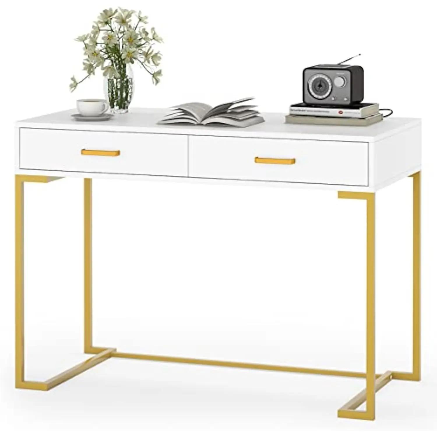 

Tribesigns Computer Desk with 2 Drawers, 39.37” Modern Simple White and Gold Writing Desk Desk with Storage Drawers, Makeup Van