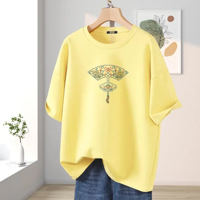 

Summer Fashion Loose Casual 100% Cotton T-shirt, Geometric Printed O-neck Basics Top Tee, Women's Vintage Short Sleeve Pullovers