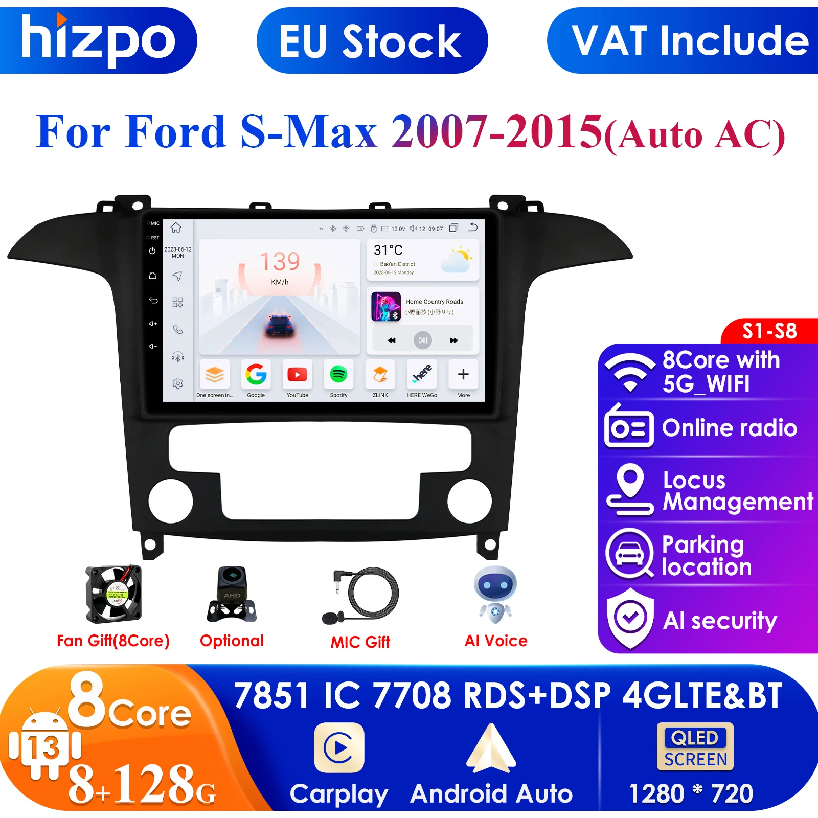 4G-LTE AI 2Din Android for Ford S Max S-MAX 2007-2015 Car Radio Multimedia Video Player Stereo Navigation GPS Carplay Autoradio