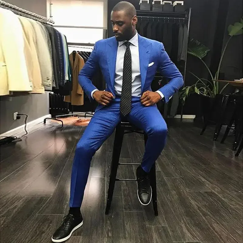 

Royal Blue Pinstripe Slim Fit Mens Prom Suits Peaked Lapel Wedding Suits For Men Tuxedos One Button Blazers Jacket And Pants