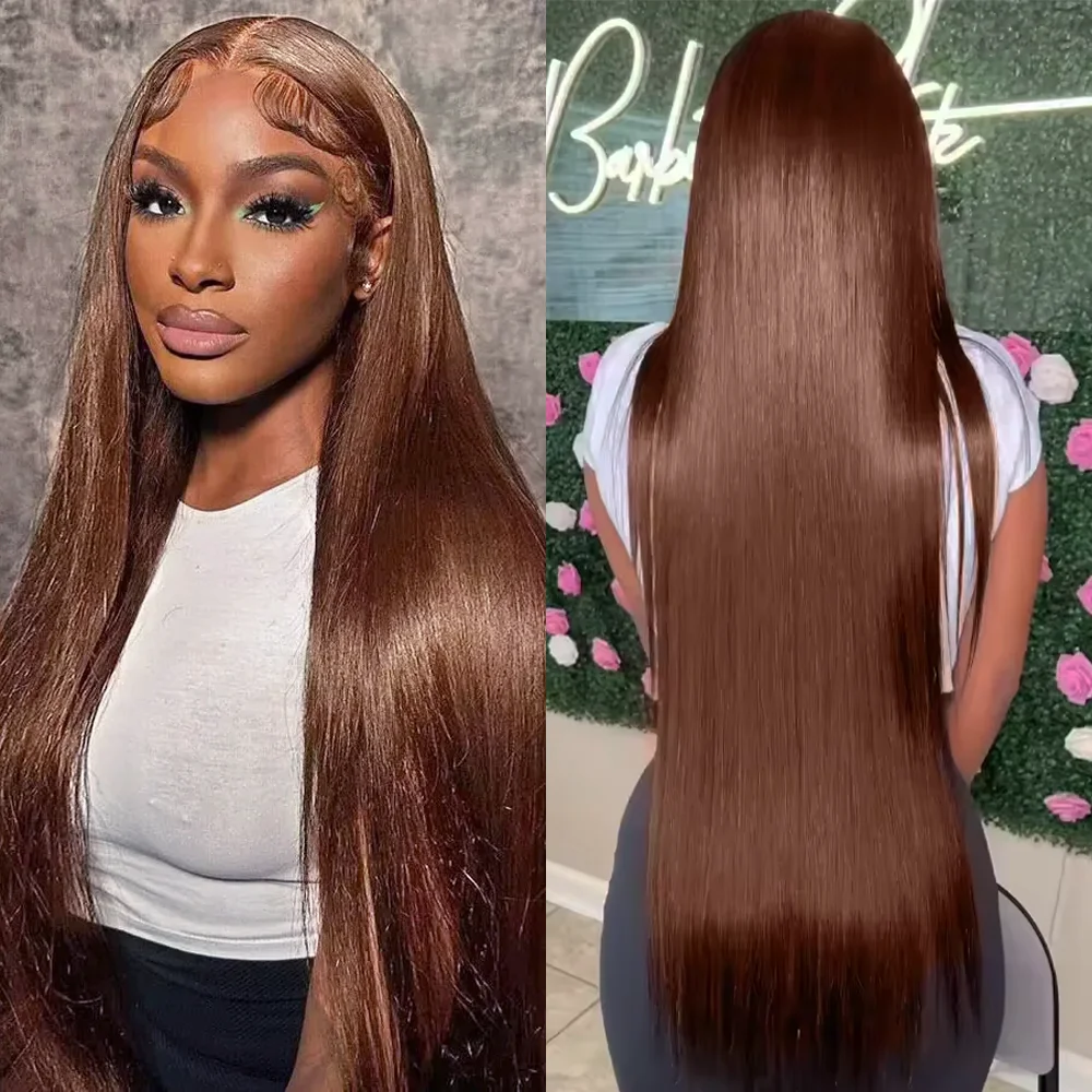 

#4 Chocolate Brown Human Hair Wig 46 Inch Long Straight 13X6 HD Lace Frontal Human Hair Wigs 200 Density For Women Pre Pucked