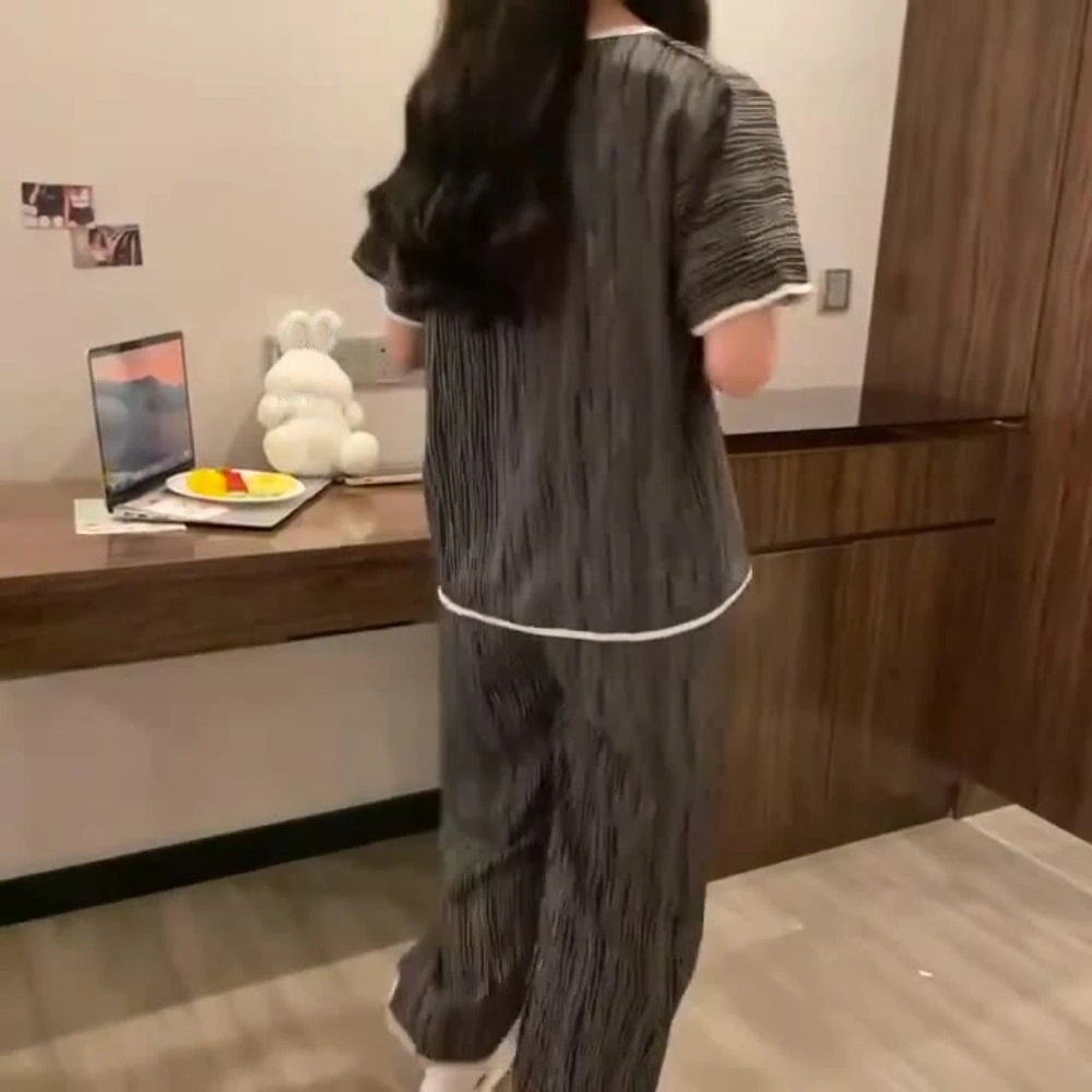 

Милый полосатый пижамный костюм с бантом, ледяной шелк, женский комплект одежды для сна с короткими рукавами, свободный воротник с лацканами, три предмета, ночная рубашка для девочек