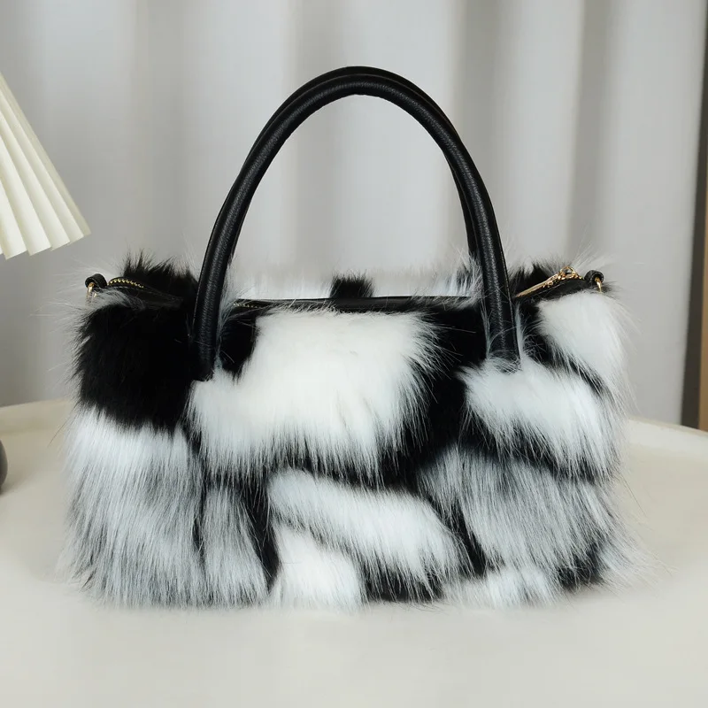 

Patchwork Leather Shopper Purses Winter Soft and Fluffy Women's Faux Fur Handbag High Quality Large Capacity Plush Tote Bag