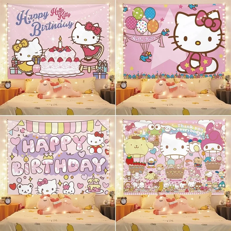 Sanrio Hanging Cloth of HelloKitty, Wall Cloth for Bedroom, Decorative Background Cloth, Cute Girly Heart