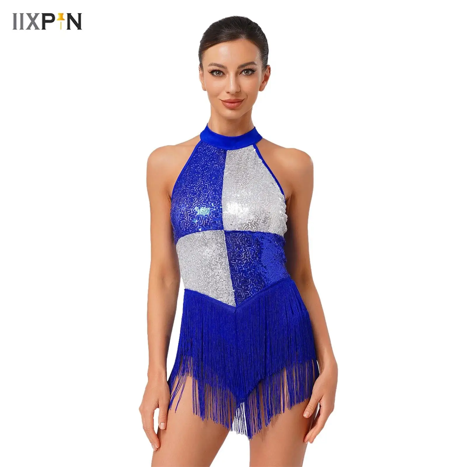 

Womens Latin Jazz Samba Salsa Dance Dress Sleeveless Color Block Shiny Sequins Tassels Leotard for Stage Performance Costume
