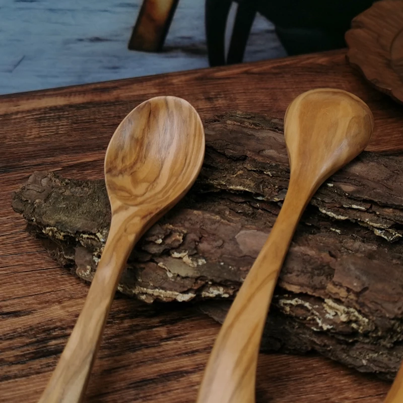 Dinner Soup Coffee Dessert Log Rice Spoon Unpainted And Wax-Free Olive Wooden Spoon Tableware