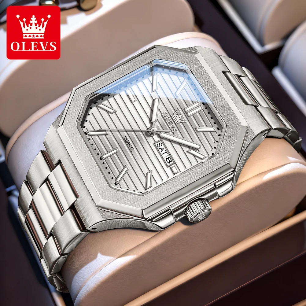 

Бренд OLEVS, модные оригинальные мужские часы, водонепроницаемые кварцевые часы с квадратным циферблатом и двойным календарем, светящиеся наручные часы для мужчин