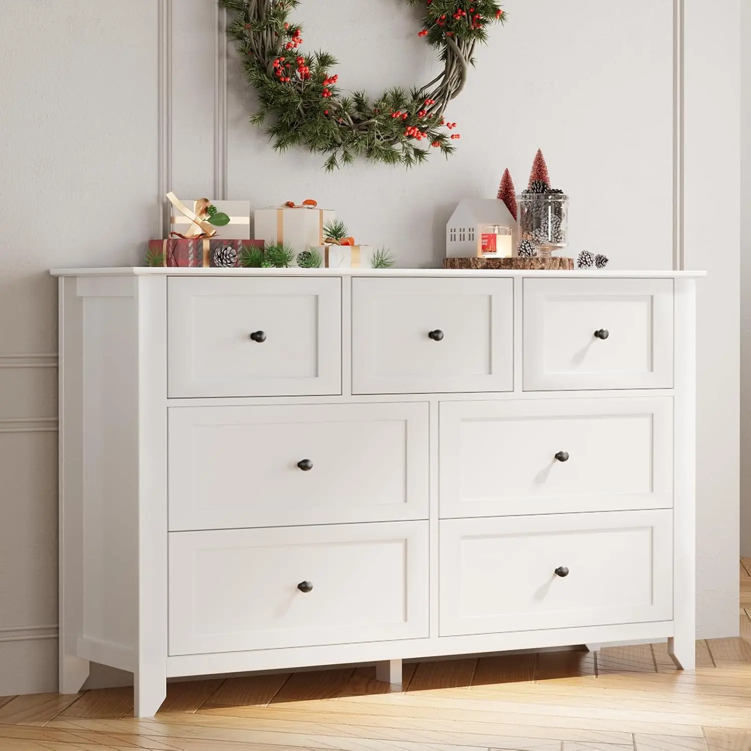 White modern wood dresser for bedroom, living room, entryway, with 7 drawers for storage