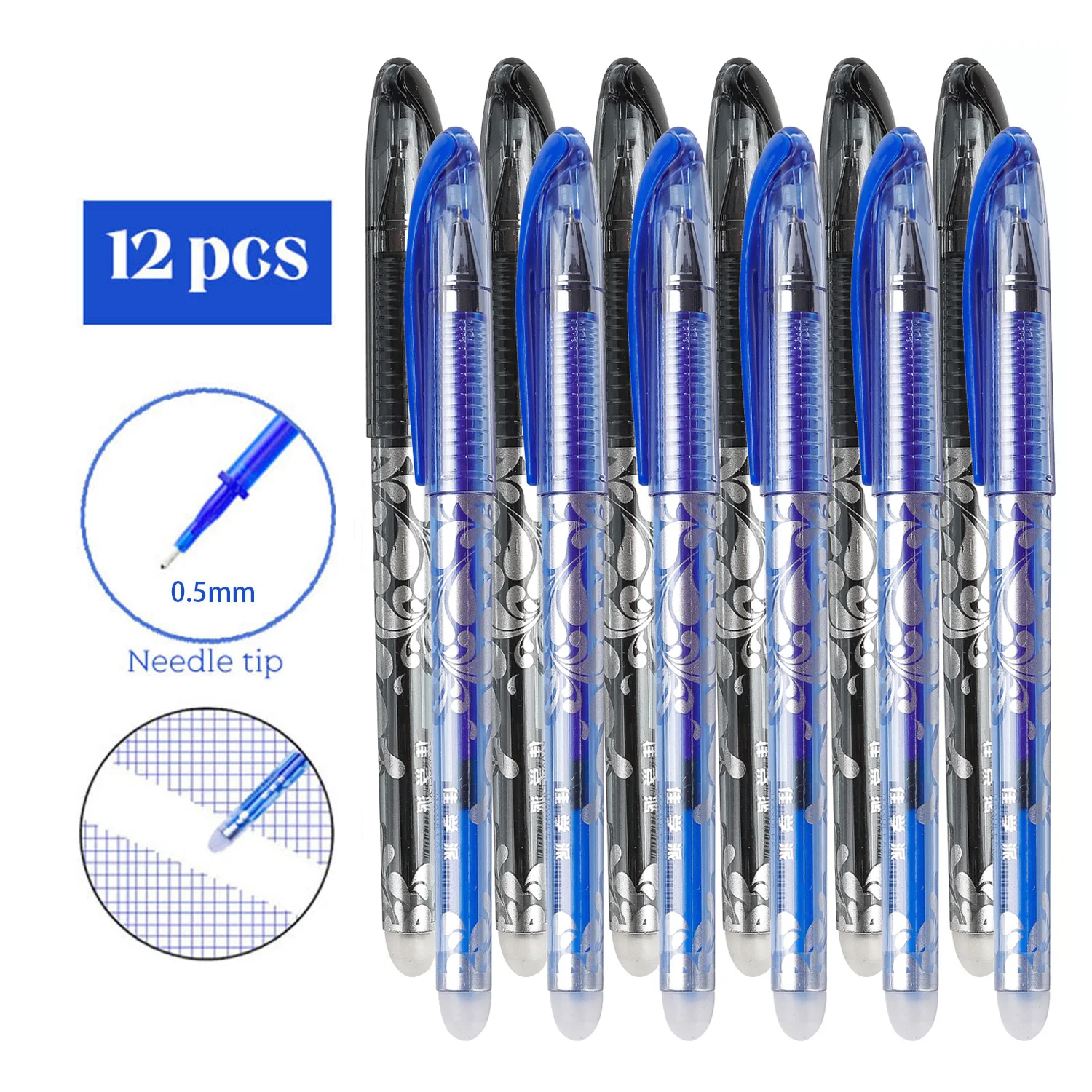 12Pcs/Set Erasable Gel Pens Black Blue Refill Rod 0.5mm Ballpoint Pen Washable Handle School Office Writing Supplies Stationery