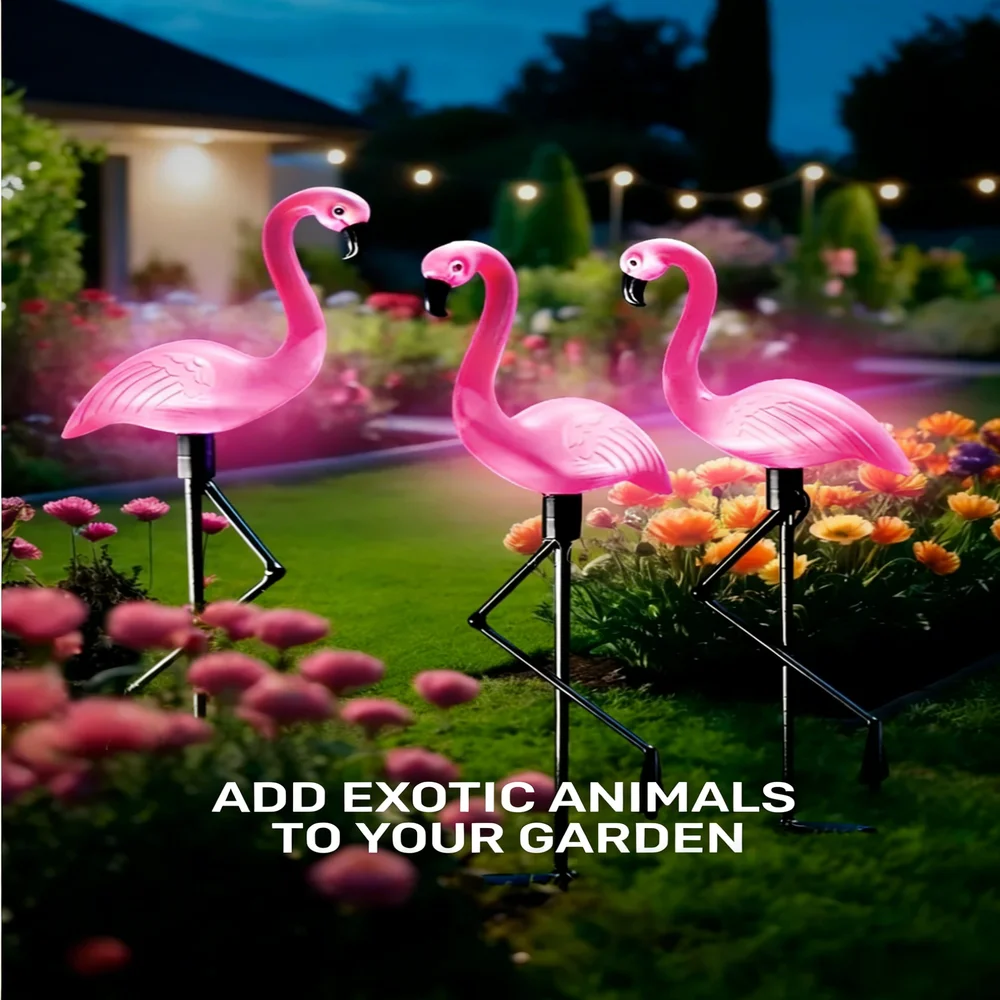 3Pcs Solar Powered Flamingo Ground Stake Lights, Waterproof Outdoor Garden Pathway Decorative Night Lights for Yard Patio Lawn view 4