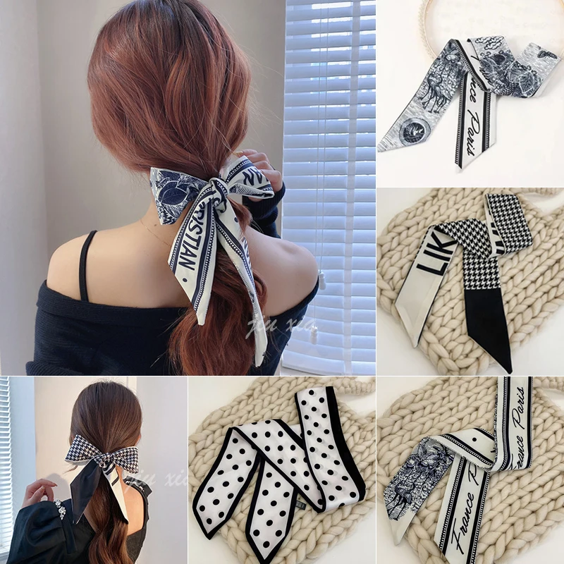 Korean Silk Letter Flower Long Ribbon Hair Scarf Hair Bands for Women Girls Elegant French Ribbon Bow Head Scarf Headdress