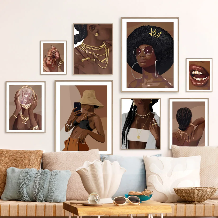 

Hip Hop Canvas Paintings for Living Room Decor, Black Girl Man, Rapper, Gold Teeth, Diamond Necklace, Art G Posters Prints, Wall