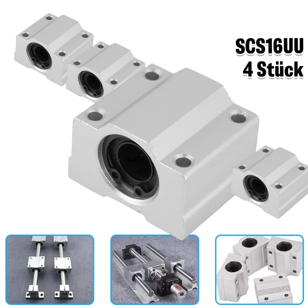 SCS16UU Cuscinetto lineare Carrello lineare Carrello a slitta lineare 16mm per albero Argento Set da 4 pezzi