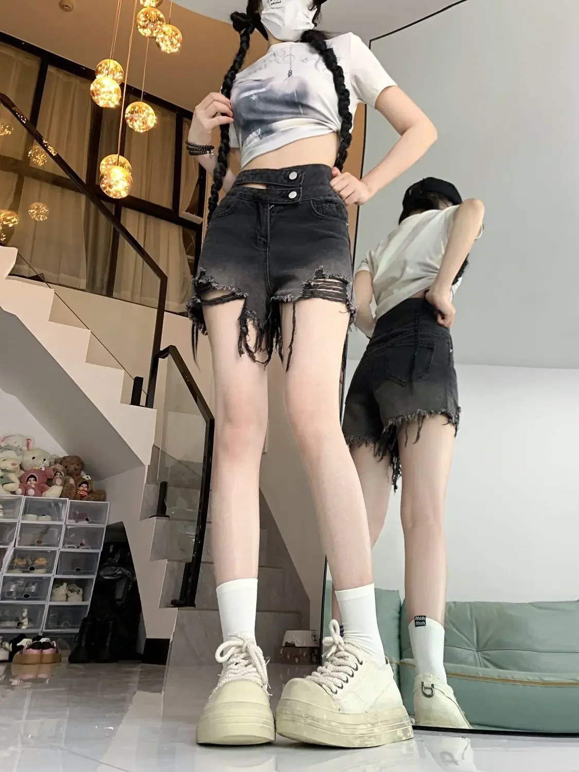 Y2k Japanese Style Ripped Short Jean Pants Woman Loose Outfits 2000s Clothes Summer XL Designer Outdoor Denim Shorts for Women