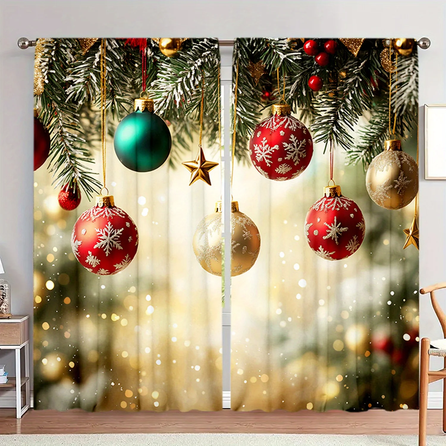 2PC Red & Gold Christmas Sheer Curtains – Snowflakes & Berries Print for Bedroom, Living Room, Kitchen, Office – Holiday Decor