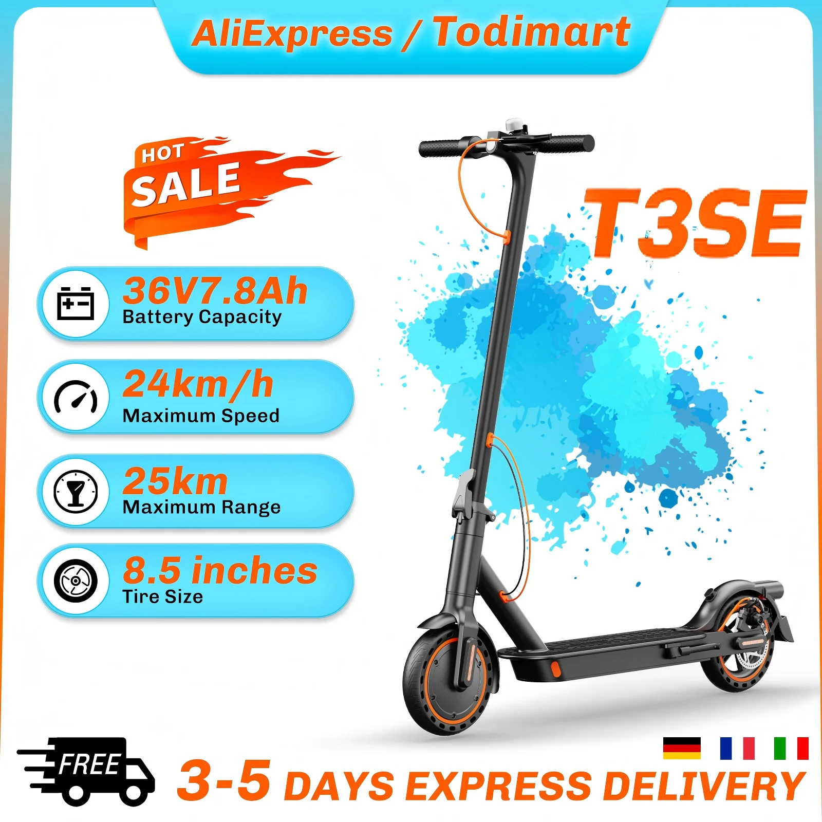 TODIMART Trottinette Électrique Pliable T3 SE, Moteur CC Sans Balais Capacité, Trottinette Électrique Adulte Batterie Ternaire 36V 7.8ah Frein à Disque Arrière 8.5'' Pneu Plein