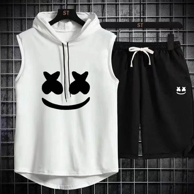 Marka letni męski dwuczęściowy zestaw CasualT-shirt i zestaw spodenek męski strój sportowy moda dres z krótkim rękawem T-shirt z kapturem