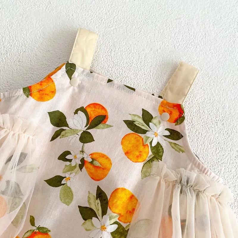 2024 Summer New Baby Girl Flowers And Peaches Romper Newborn Fashion Gauze Bodysuit Girls Sleeveless Square Neck Jumpsuit 0-2Y