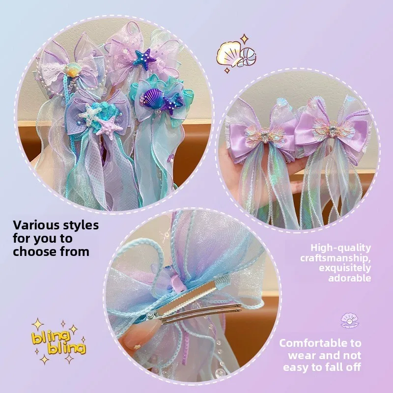 1Pcs Meerjungfrau Hime Bogen Strap Haar Clip Fee Air Mesh Sea Star Shell Dekoration Kinder Prinzessin Haar Zubehör Party haarspange – Detail 7