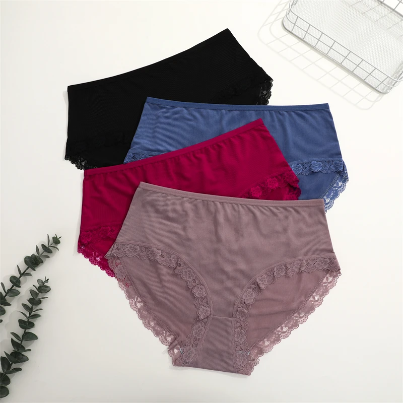 FINETOO 5PCS 여성용 레이스 플로럴 속옷 섹시한 스트라이프 신축성 있는 벨트 팬티 로우 웨이스트 통기성 브리프 솔리드 란제리 L-4XL