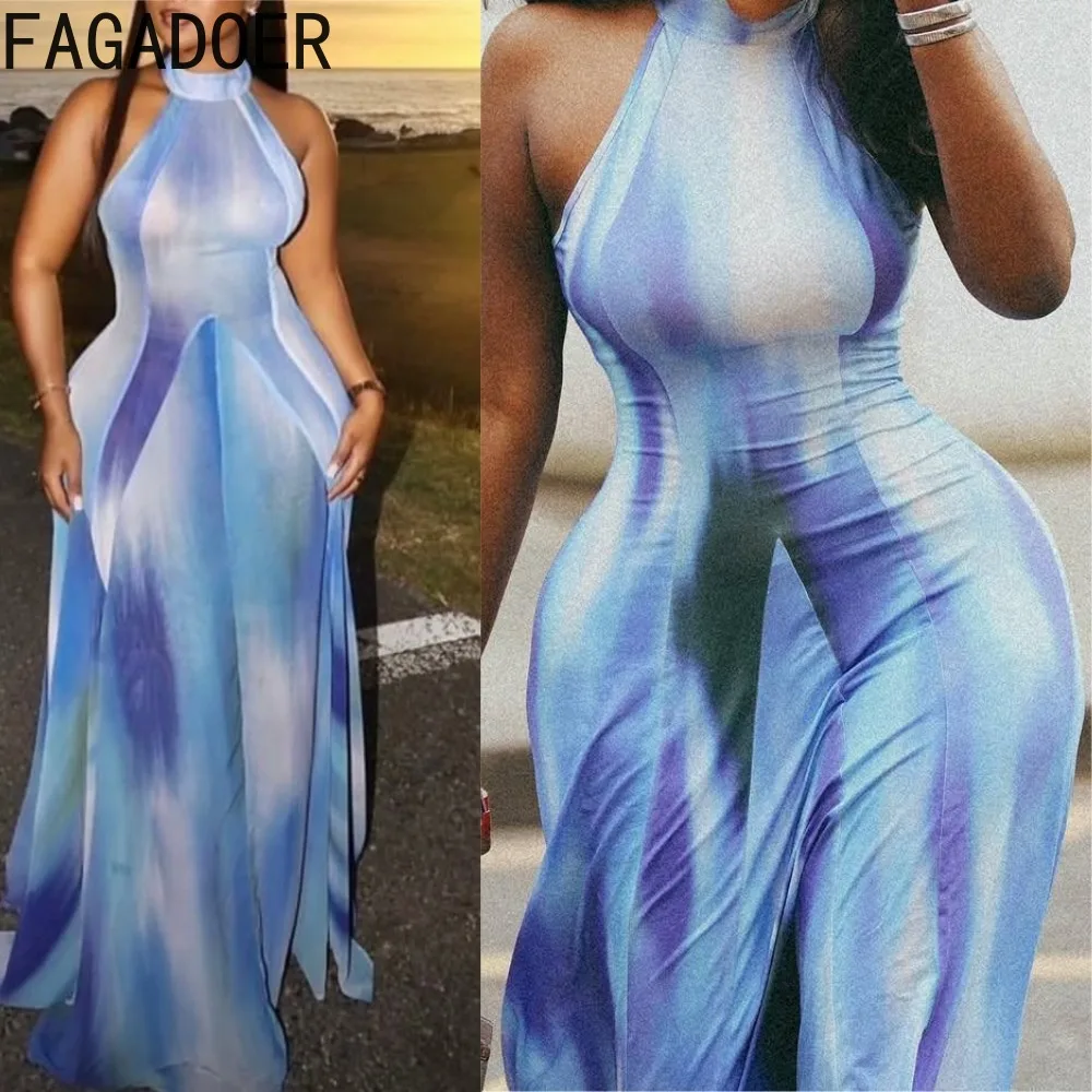 

FAGADOER Sexy Tie Dye Printing Patchwork Bodycon Dresses for Woman Halter Sleeveless Backless Dress Female Streetwear Vestidos