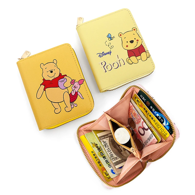 Disney Pooh Bear Wallet for Women Cartoon Winnie the Pooh Unisex Leather Short Wallet Cute Small Purse Bank Card Bag Girls Gift