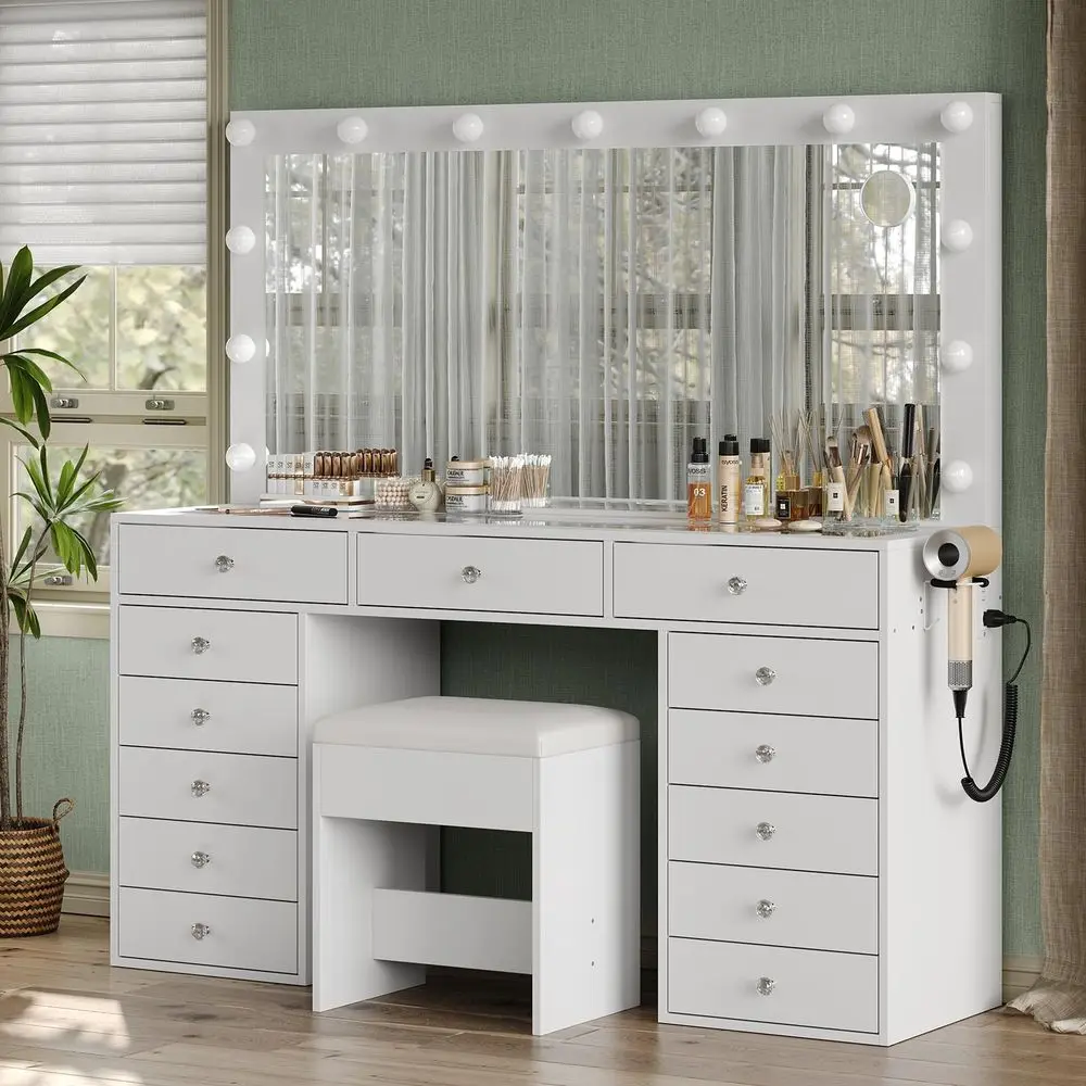 

55 W Makeup Vanity with Power Outlet amp Lighted Mirror, Vanity Desk 13 Drawers Glass Top, 3 Lighting Modes Adjustable, Dressin
