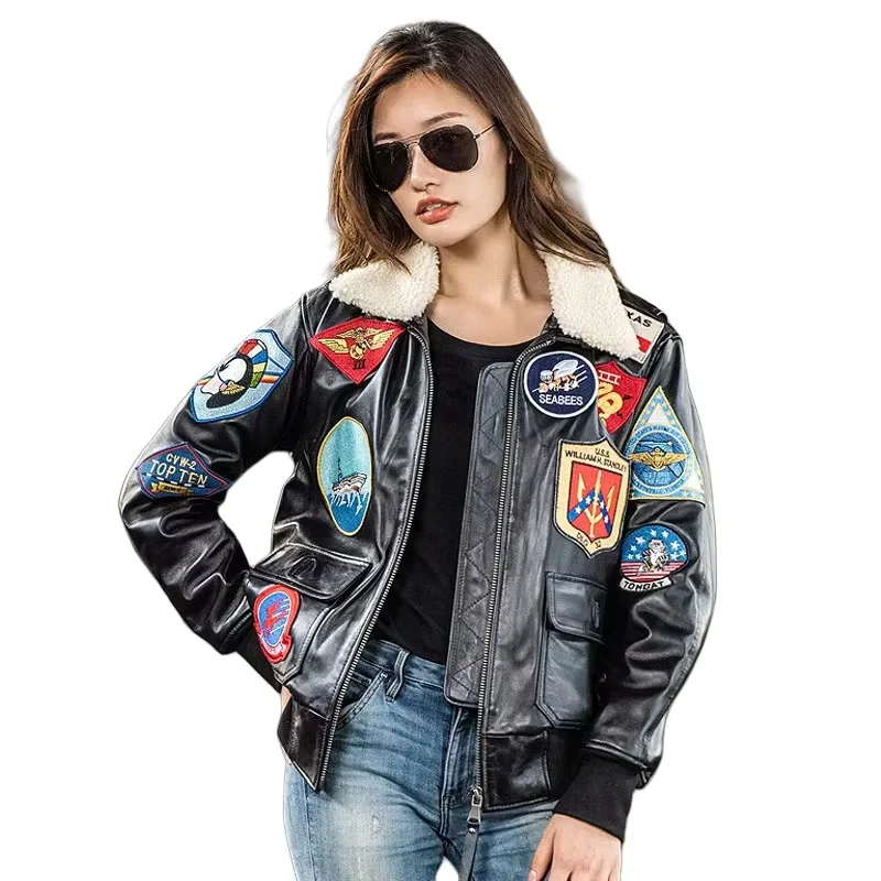 Black Winter Leather Jacket Women Military Style Genuine Natural Sheepskin Turn-Down Collar Wool Collar TOP GUN Pilot Coat
