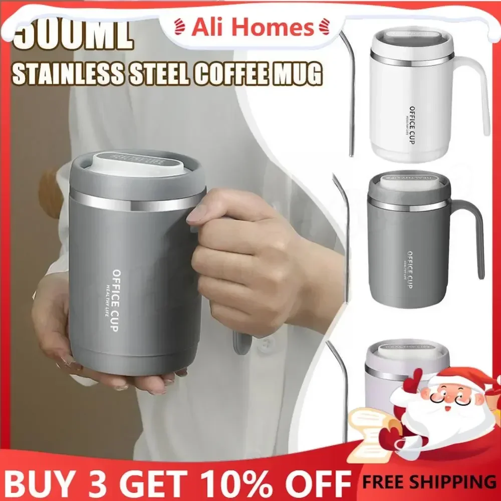 500ML Carry Mug Lid Thermal Mug with Straw for Christmas Vacuum Bottle Mugs Coffee Cups Stainless Steel Customised Thermos Mug