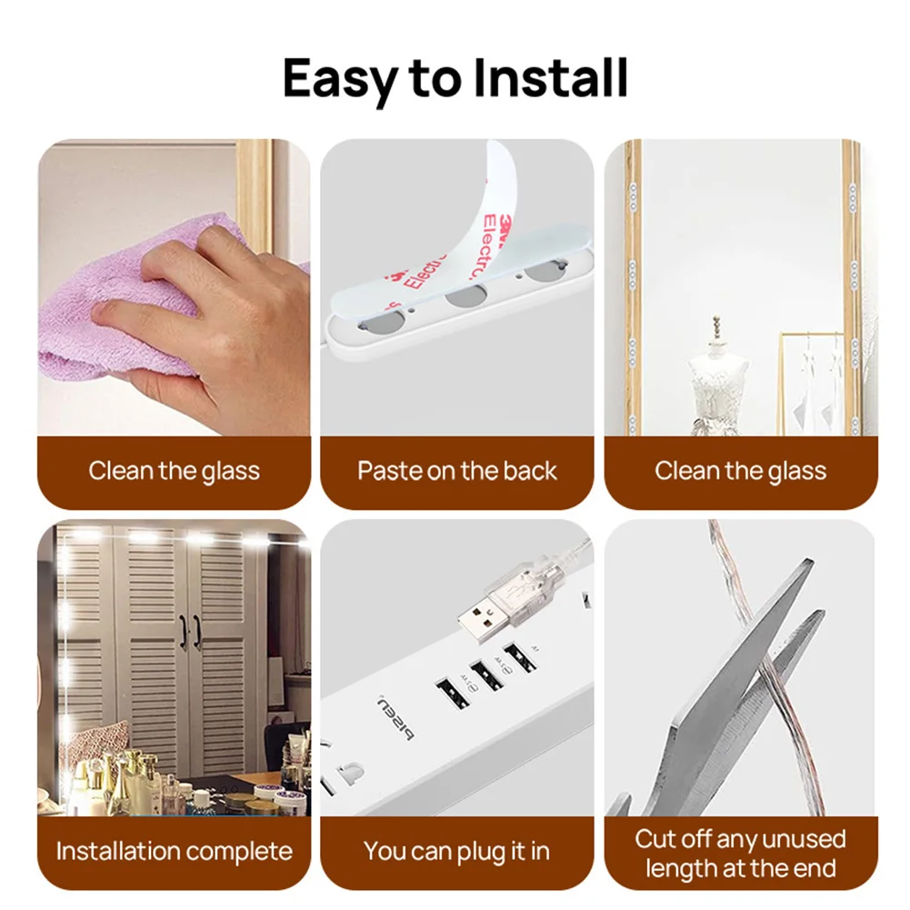 Striscia luminosa per trucco a LED da 10FT Striscia LED flessibile USB a 3 temperature di colore dimmerabile per tavolo da trucco e specchio da bagno