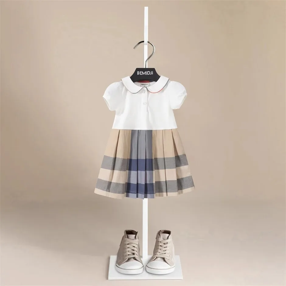 

Summer New Short Sleeves Clothing fBaby Girls Cotton Kids Clothes Splicing Striped Pleated Dresses Children's Clothing 2-6years
