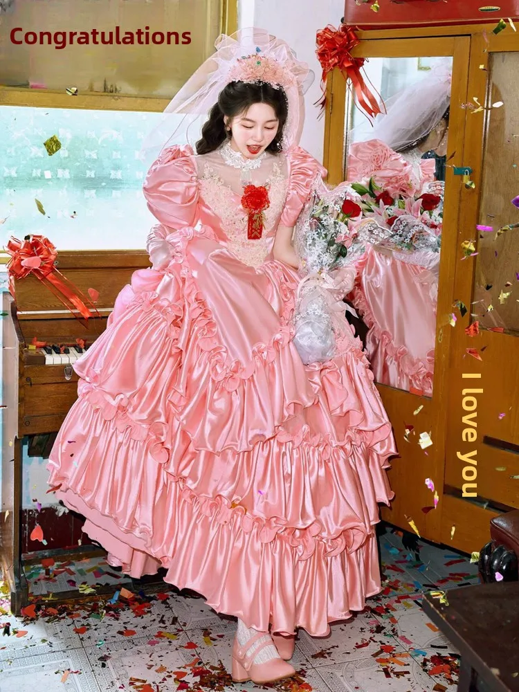 

Vintage Style Bubble Sleeve Wedding Dress Heavy Embroidery Pink Puffy Skirt Wedding Gown for Studio Photography Sweet HongKon...