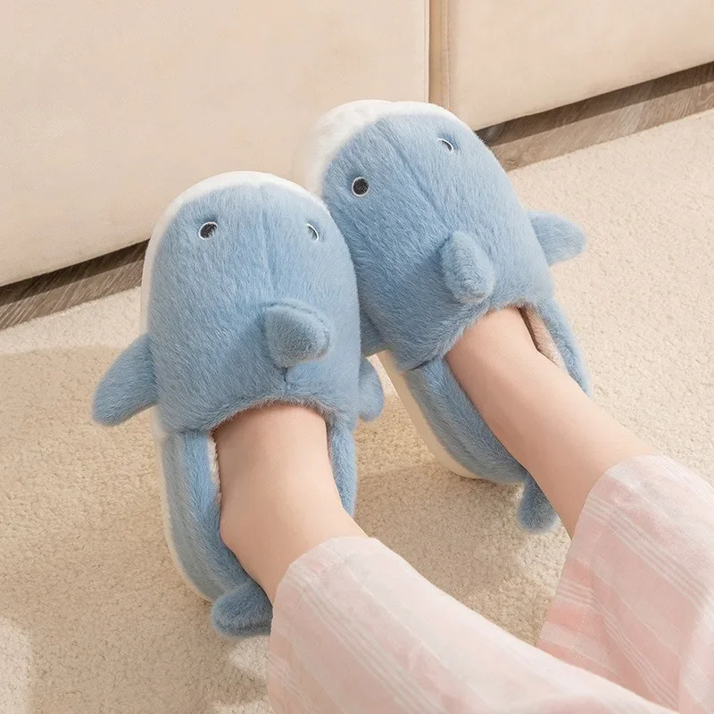 Cute Little Shark Cotton Slippers Women\'s Autumn and Winter Cotton Slippers Men Home Thick-Soled Couple Indoor